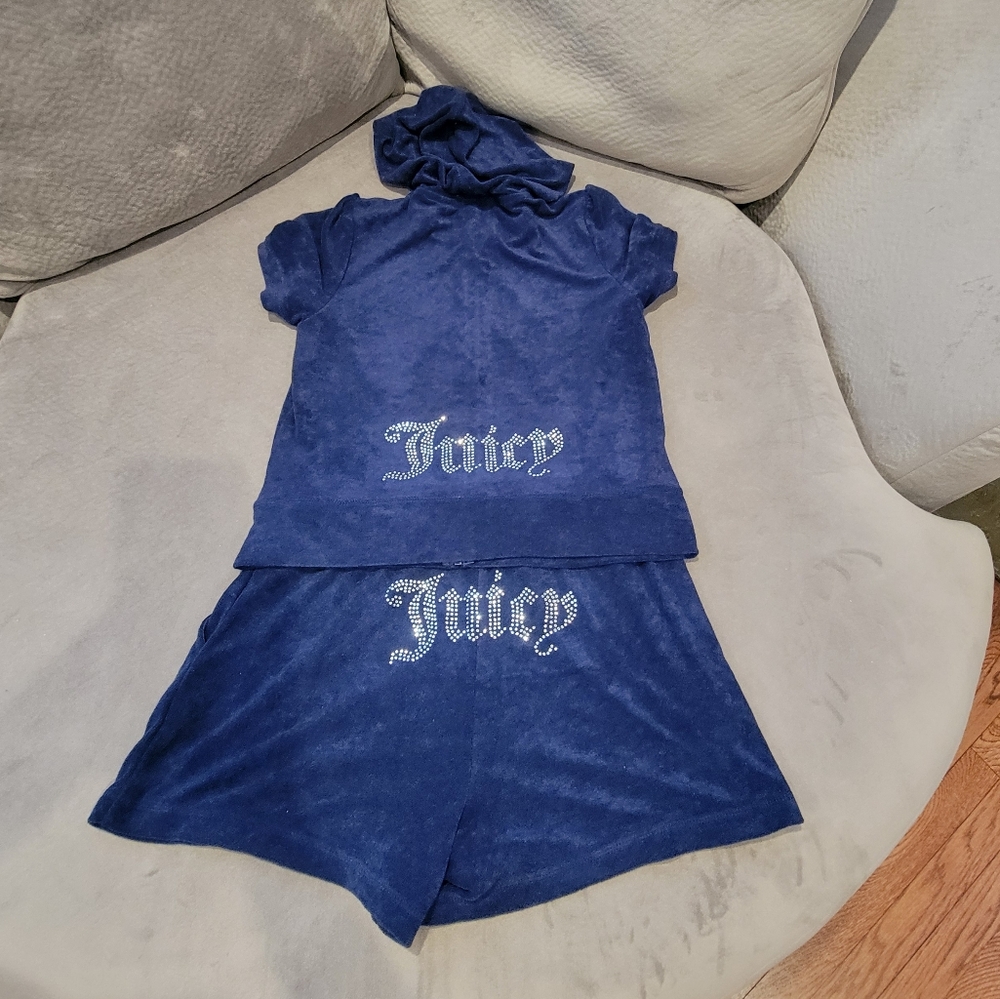 Juicy Couture Blue Tracksuit Terry Short Sleeve Hoodie & Shorts Set Size M NWT